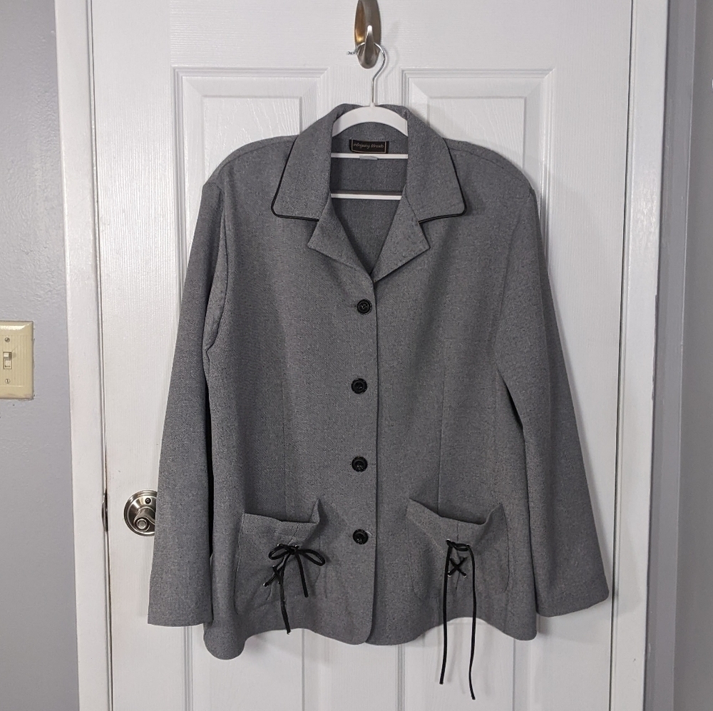 Vintage 80s Intriguing Threads Grey Knit Bow Detail Button Up Coat Size‎ 1X